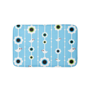 bird and flowers blue pattern bath mat