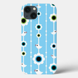 bird and flowers blue pattern iPhone 13 case