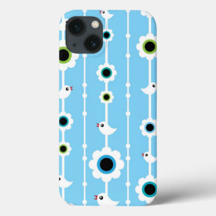 bird and flowers blue pattern iPhone 13 case