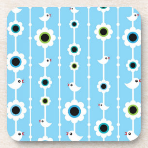 bird and flowers blue pattern coaster