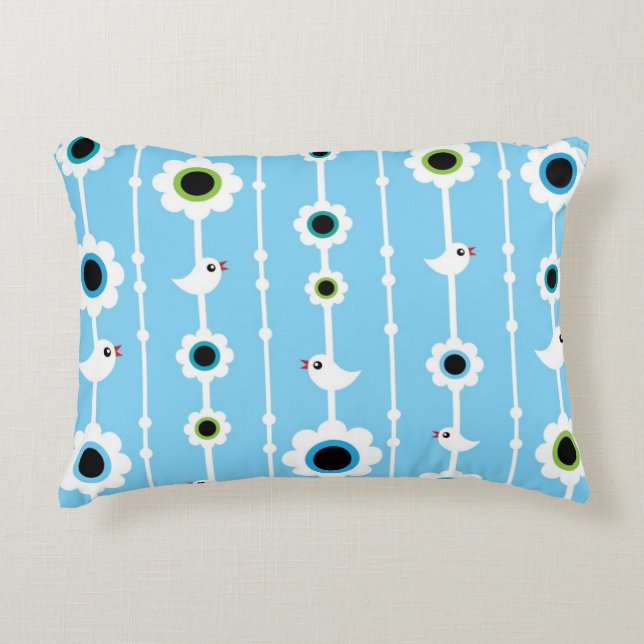 bird and flowers blue pattern decorative cushion (Front)
