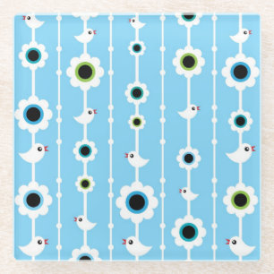 bird and flowers blue pattern glass coaster
