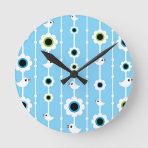 bird and flowers blue pattern round clock