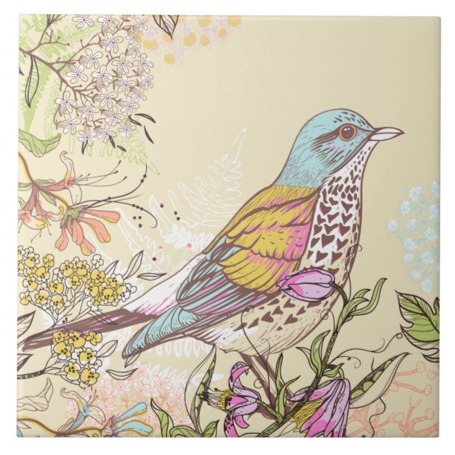 Bird and Flowers  Ceramic Tile (Front)