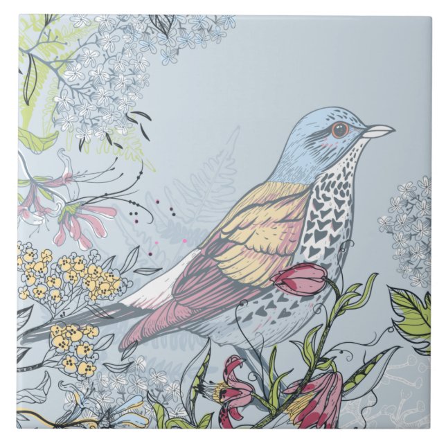 Bird and Flowers  Ceramic Tile (Front)