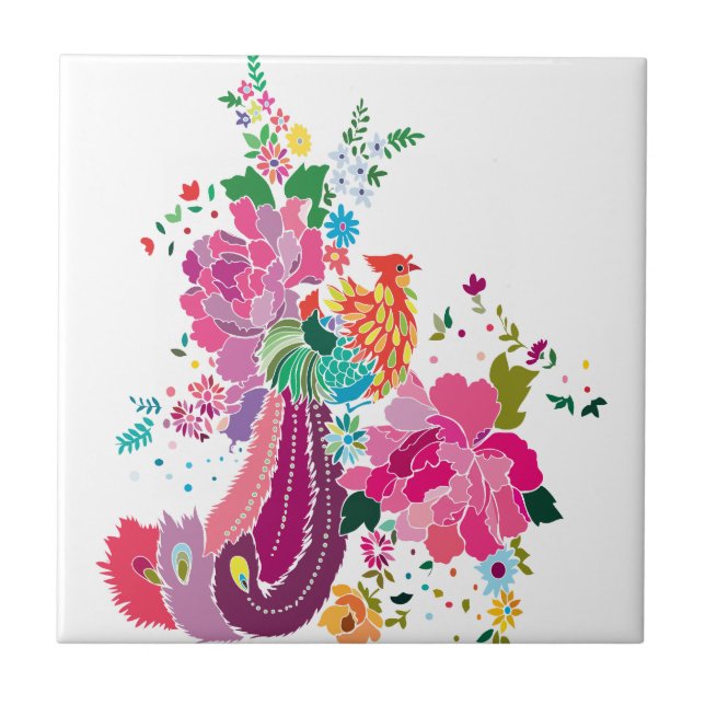 bird and flowers ceramic tile (Front)