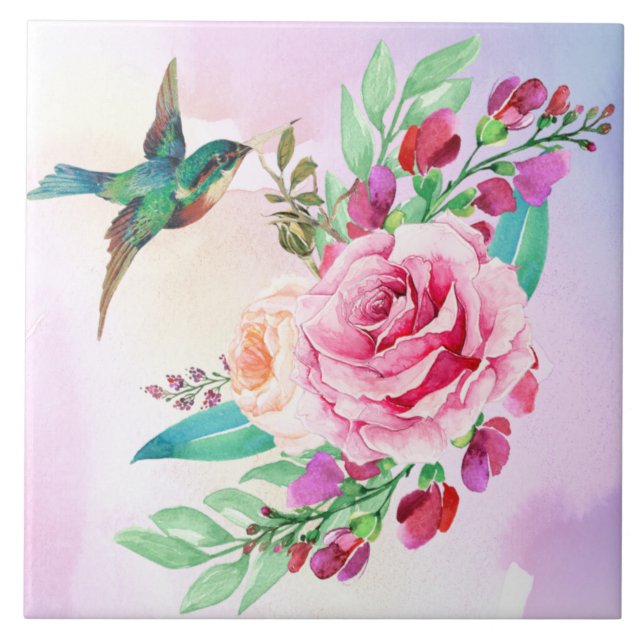 Bird and Flowers  Ceramic Tile (Front)