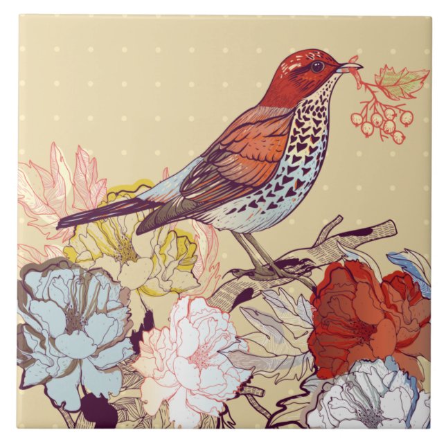 Bird and Flowers  Ceramic Tile (Front)