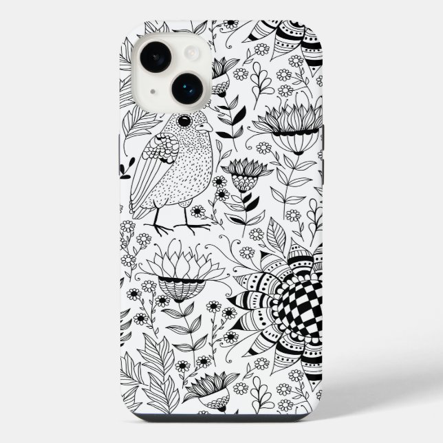 Bird and flowers doodle pattern iPhone case (Back)