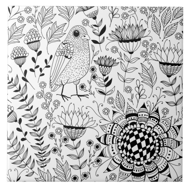 Bird and flowers doodle pattern tile (Front)