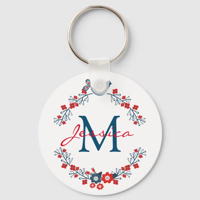 Bird and Flowers Folk Art Wreath Monogram Key Ring (Front)