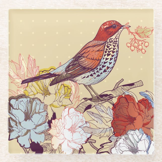 Bird and Flowers Glass Coaster (Front)