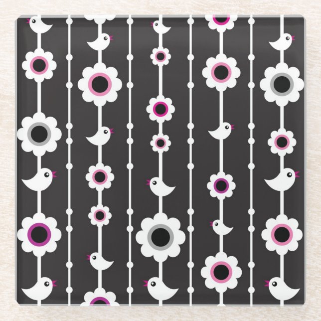 bird and flowers pattern glass coaster (Front)