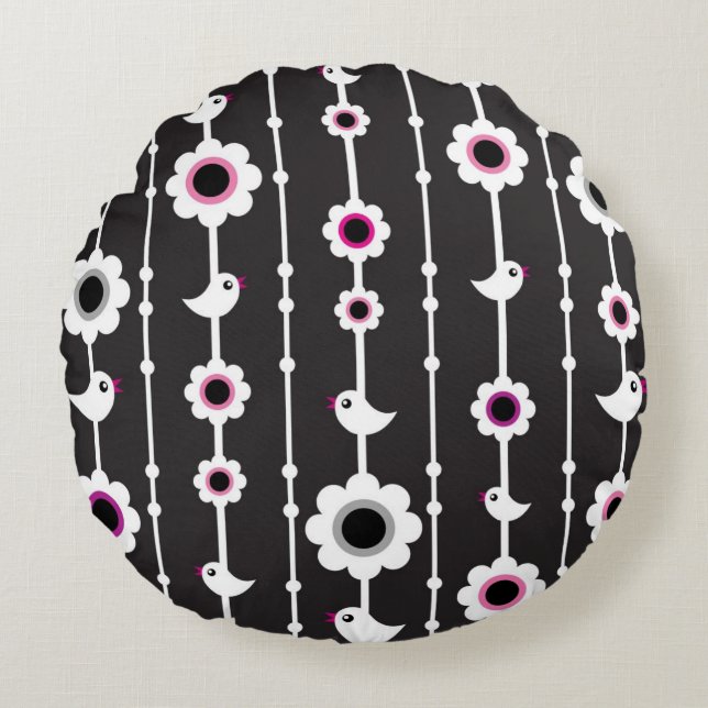 bird and flowers pattern round cushion (Front)