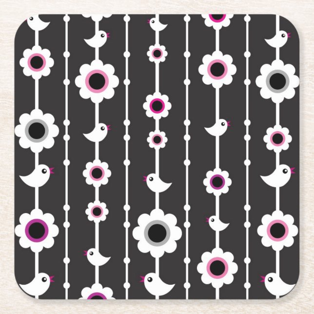bird and flowers pattern square paper coaster (Front)