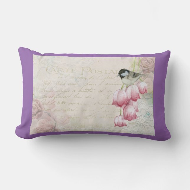 Bird and Flowers with Handwriting Shabby Vintage Lumbar Cushion (Front)