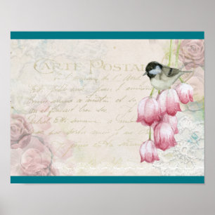 Bird and Flowers with Handwriting Shabby Vintage Poster