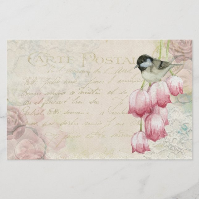 Bird and Flowers with Handwriting Shabby Vintage Stationery (Front)
