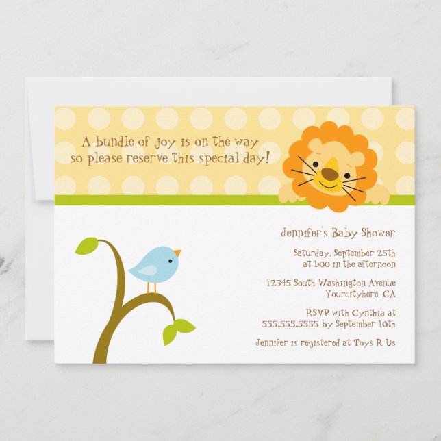 Bird and lion polkadots baby shower invitation (Front)