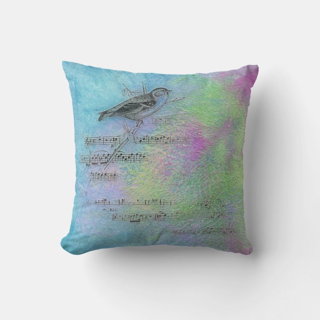 bird and music on textured watercolor cushion (Front)