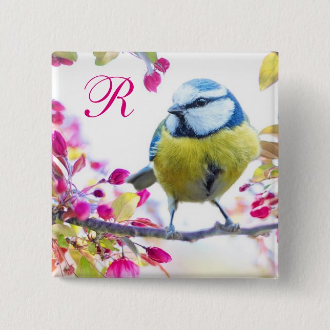 Bird and Pink Blossoms Monogram 15 Cm Square Badge (Front)