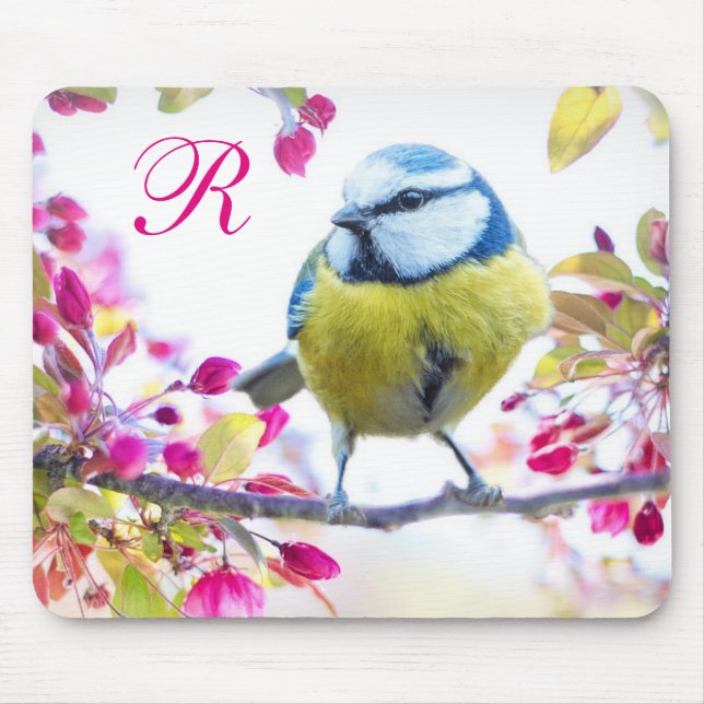 Bird and Pink Blossoms Monogram Mouse Pad (Front)