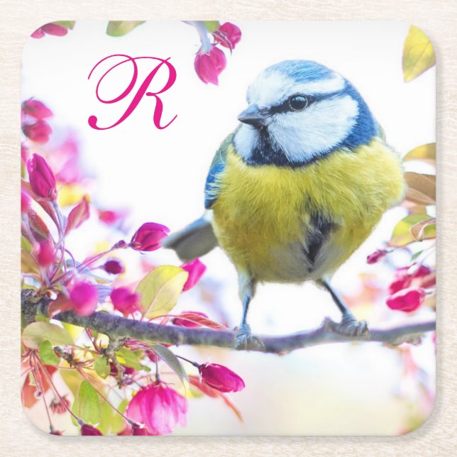 Bird and Pink Blossoms Monogram Square Paper Coaster (Front)