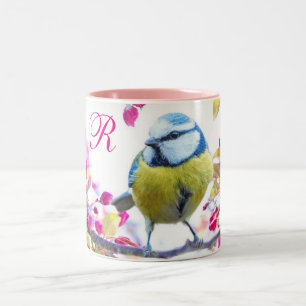 Bird and Pink Blossoms Two-Tone Coffee Mug