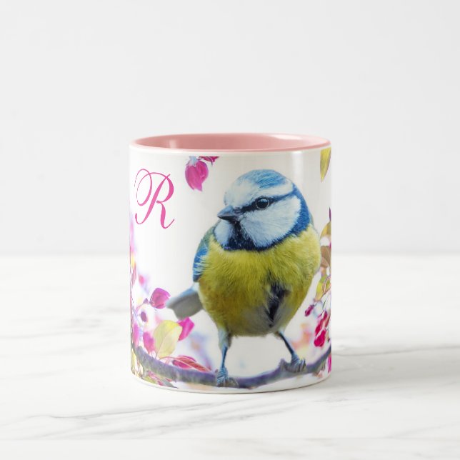 Bird and Pink Blossoms Two-Tone Coffee Mug (Center)