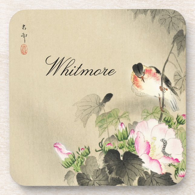 Bird and Pink Blossoms Vintage Japanese Print Coaster (Front)