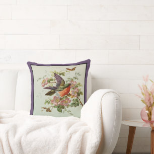 Bird and Pink Wild Roses Cushion