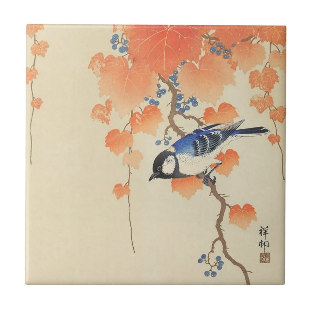 Bird and Red Ivy by Ohara Koson Ceramic Tile (Front)