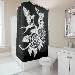 Bird and roses tattoo style  shower curtain