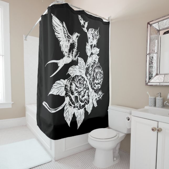 Bird and roses tattoo style  shower curtain (In Situ)