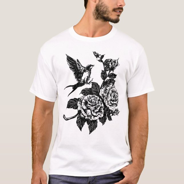 Bird and roses tattoo style T-Shirt (Front)