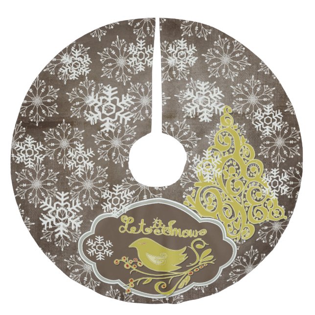 Bird and Snowflakes on Brown Holiday Tree Skirt (Front)