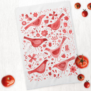 Bird and Wildflower Floral Watercolor Red White Tea Towel