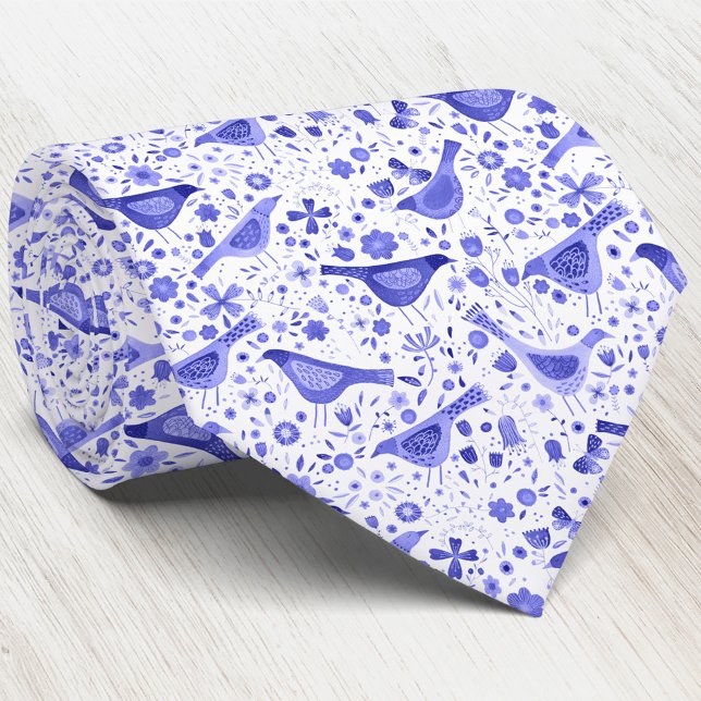 Bird and Wildflowers Floral Watercolor Blue White Tie (Bird and Wildflowers Floral Watercolor Blue White Neck Tie)