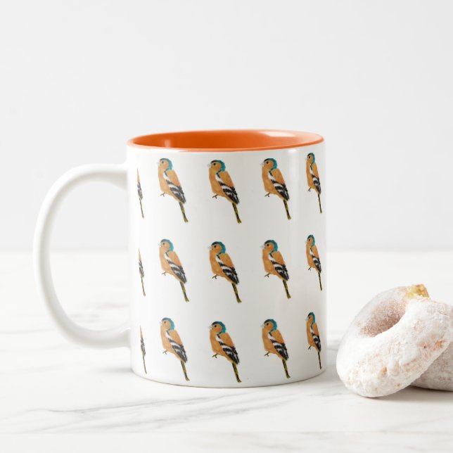 Bird Art Chaffinch Two-Tone Coffee Mug (With Donut)