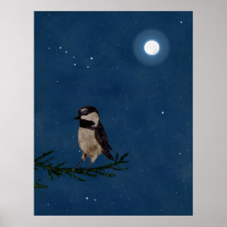 Bird Art, Chickadee, Moon, Stars, Big Dipper,Night Poster
