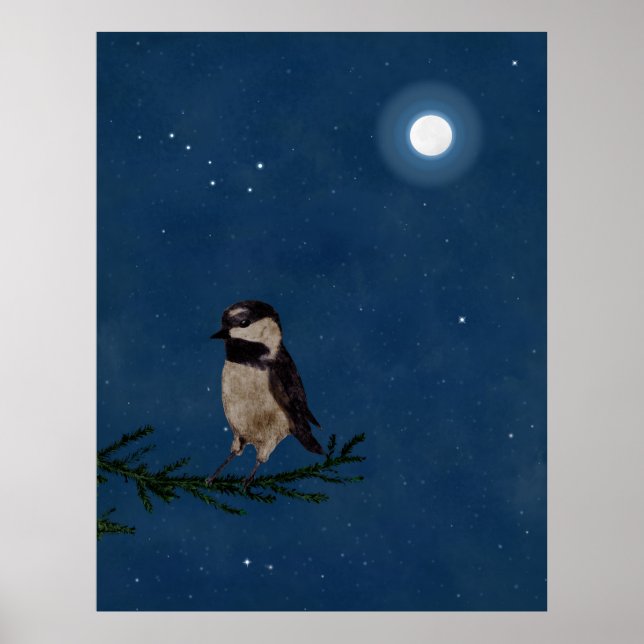 Bird Art, Chickadee, Moon, Stars, Big Dipper,Night Poster (Front)