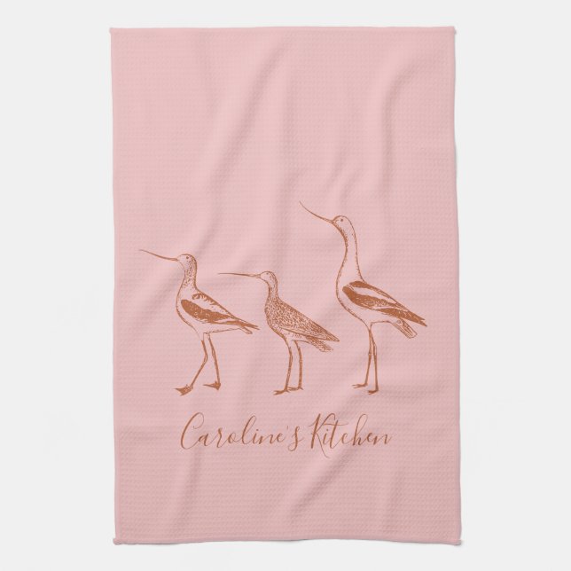 Bird Art Drawing in Blush and Rust Personalised    Tea Towel (Vertical)