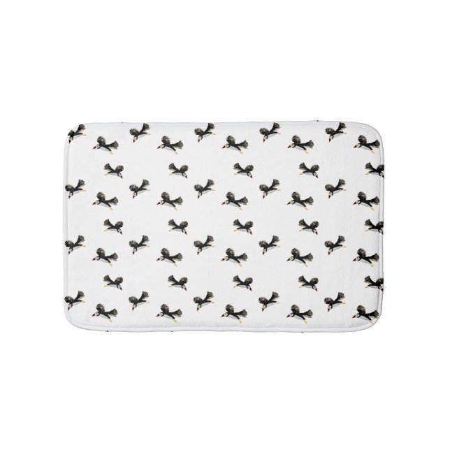 Bird Art Flying Puffins, Black White Pattern Bath Mat (Front)