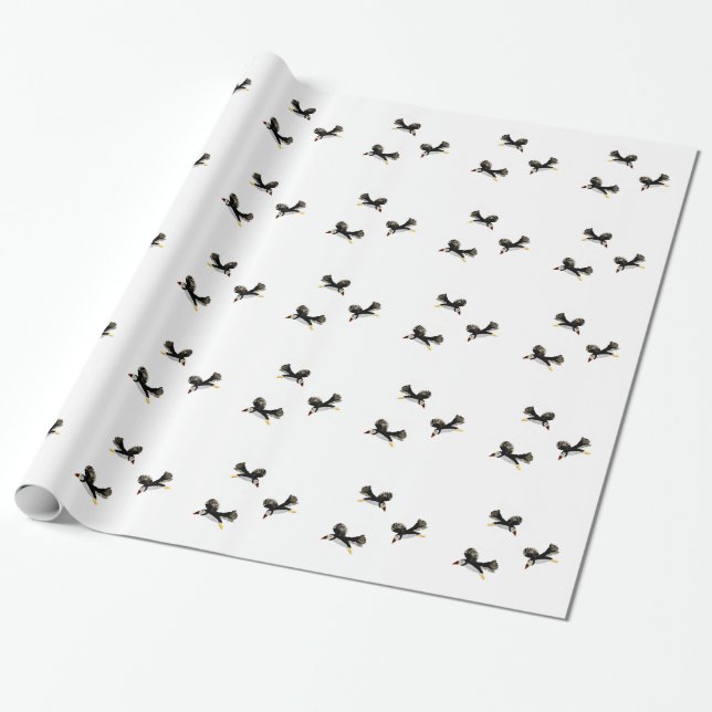 Bird Art Flying Puffins Wrapping Paper (Unrolled)