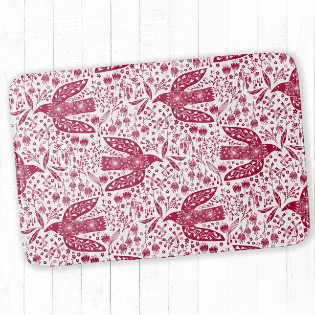 Bird Art Red White Bath Mat (Red and white dove bird folk art  bathmat)