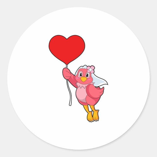 Bird as Bride with Veil & Heart Balloon Classic Round Sticker (Front)