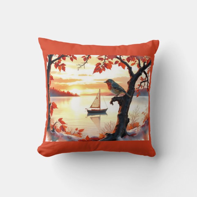 bird Autumn Sunset Sailboat Cushion (Front)
