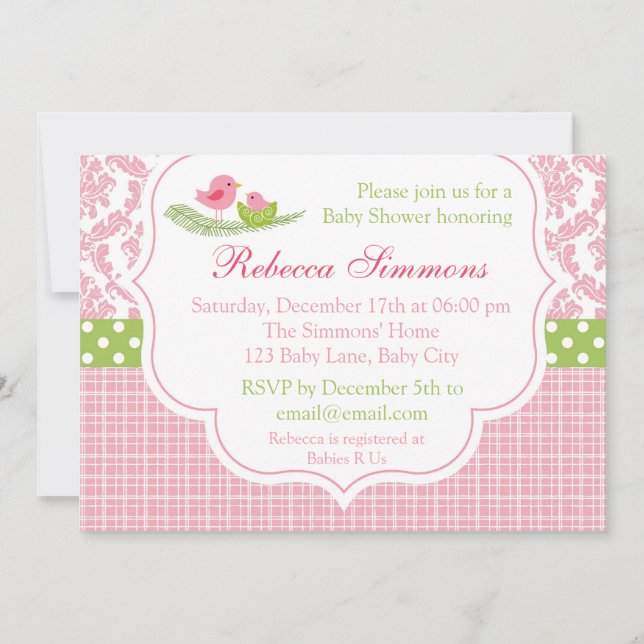 Bird Baby Shower Invitation Girl Damask Pink Green (Front)