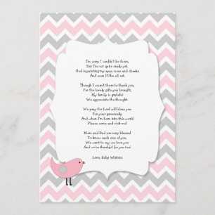Bird Baby shower thank you notes poem pink grey