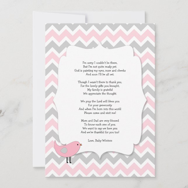 Bird Baby shower thank you notes poem pink grey (Front)